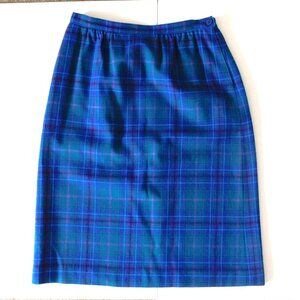 Vintage Pendelton Wool Blue Plaid A-Line Skirt Size 12 Waist 30 Below Knee 26"